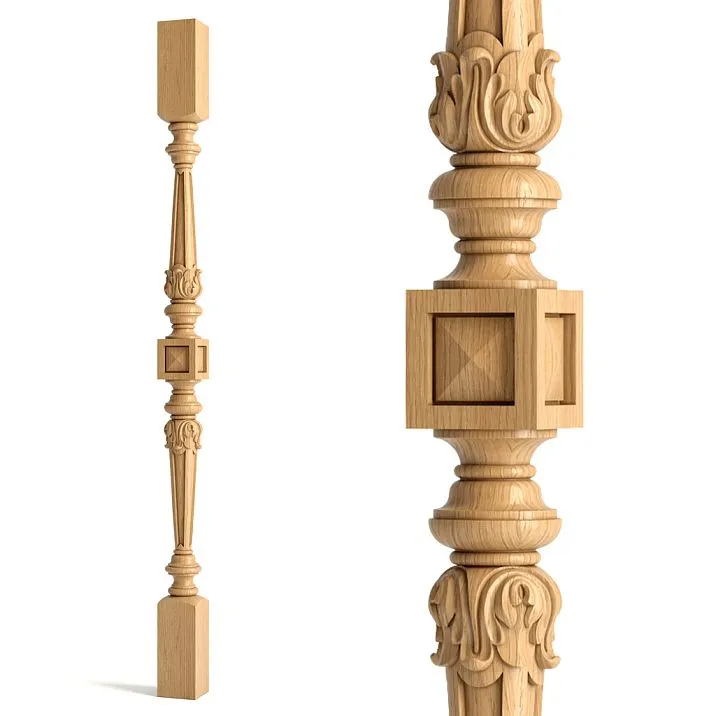 Wooden stair baluster L-025 with fluting and carved decoration on a white background