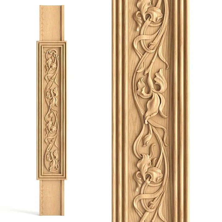 Flat wooden baluster L-093.1 with carved iris pattern