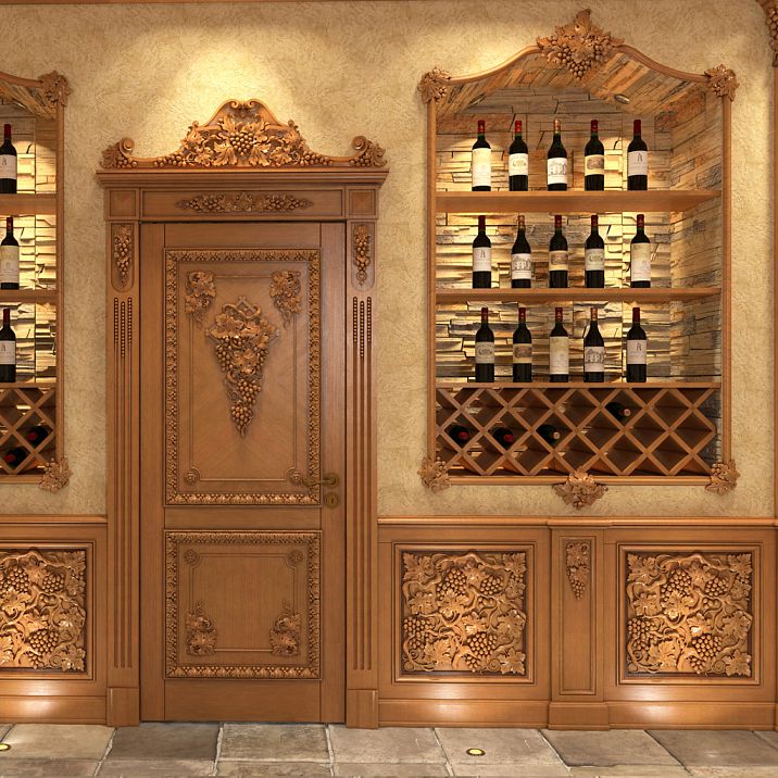 Carved insert N-262 from wood, photo of wine cellar with wooden decoration, application ideas