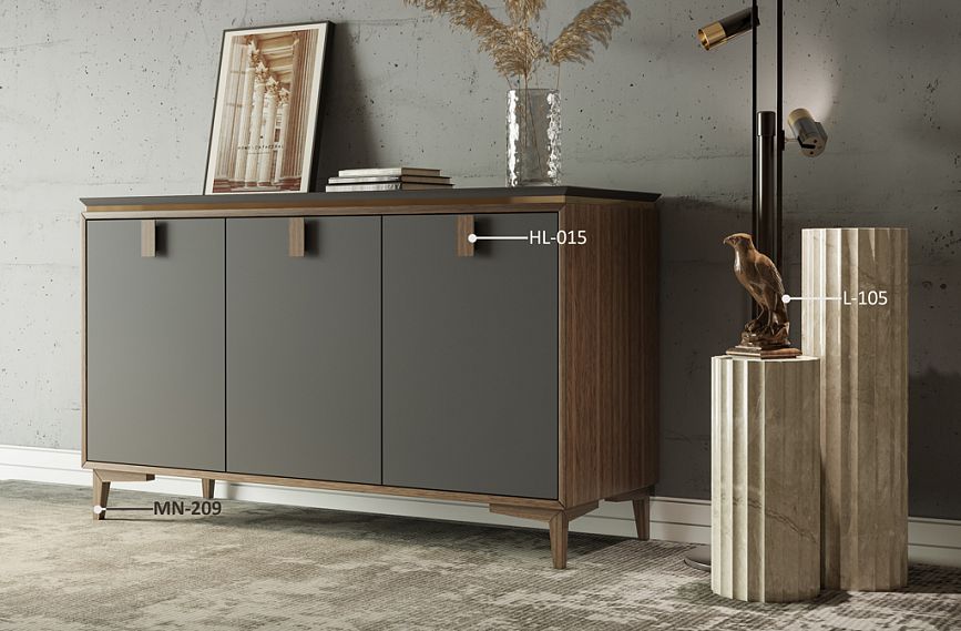 Пример декорирования комода KMD-018 с ручкой Plato HL-015 и ножками MN-209, деревянное навершие L-105