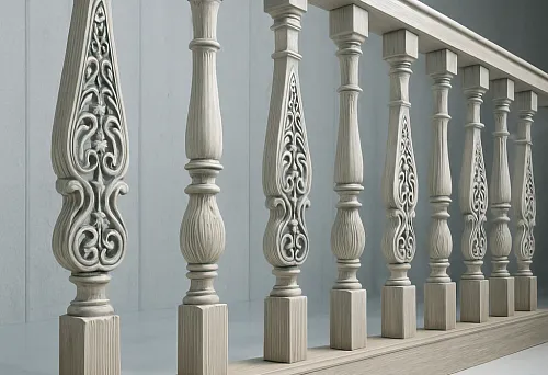 Современные балясины из светлого дерева с декоративной резьбой, профессионально закреплённые на лестничном основании
