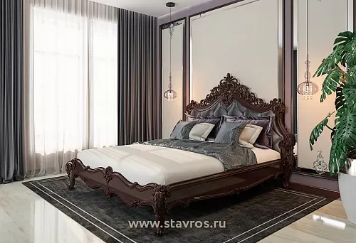 Декор из дерева в спальне, кровать резная из дерева