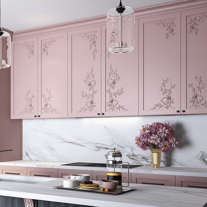 Wooden carved inlay N-469R from solid beech and oak, interior photo of furniture facade