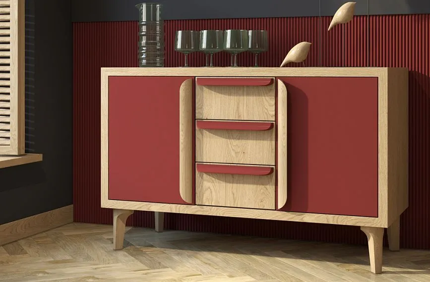 Идеи оформления стены и комода KMD-045 с помощью ножек MN-227, ручек HL-006M и деревянным молдингом MLD-033.
