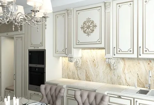 Кухонная мебель с уникальным резным декором и столешницей 