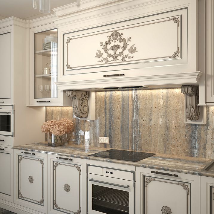 Carved Rosette R-046 in interior on kitchen facade