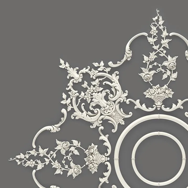 Elements of the CPU-071 ceiling rosette made of polyurethane with baroque ornament and floral motifs