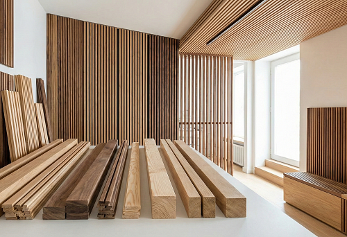 Деревянная рейка для отделки: набор реек разного сечения и длины на столе, интерьер с ламелями