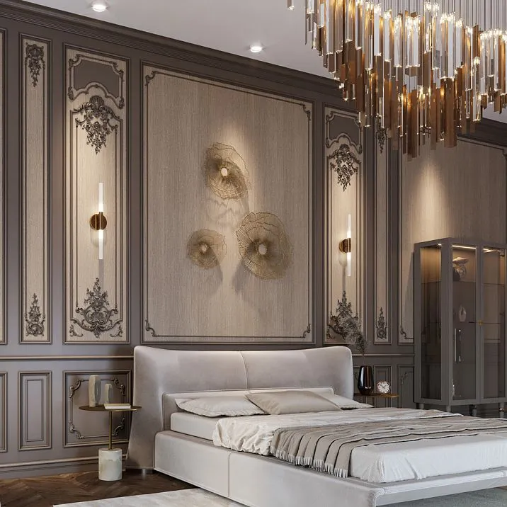 Wooden decor in the bedroom on the wall, interior photo