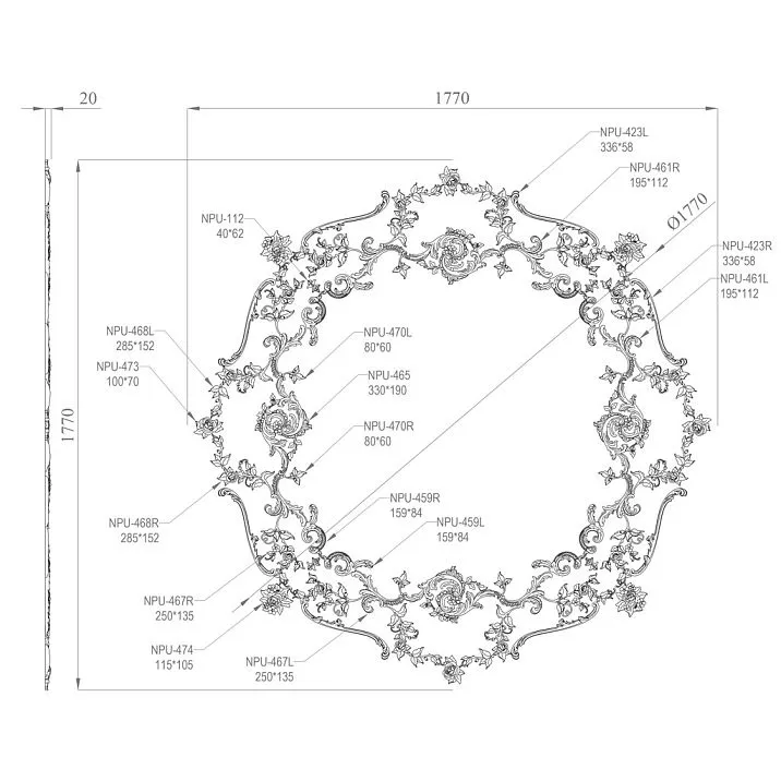 Figurative molded decoration CPU-067 for classical molding on walls and ceilings set composition