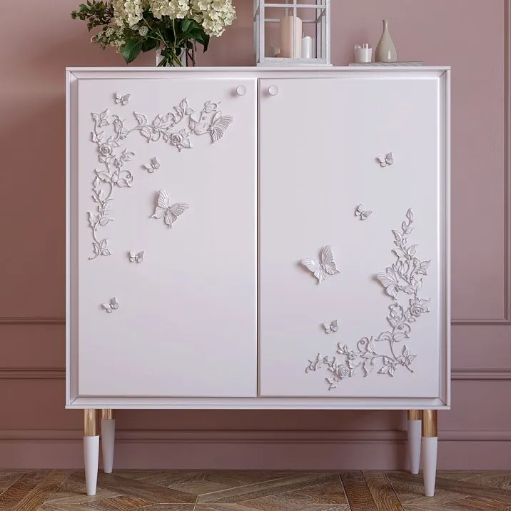 Cosmetic table with mirror, decorated with NPU-481 molded ornament in the form of golden butterflies on the wall.