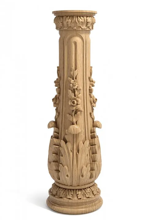 Carved wooden post for staircase with flowers