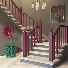 Round wooden newel post L-118 shown on the staircase in the interior