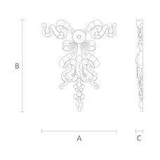 Wooden applique N-198 with wood carving, depicting a sun, ribbons, petals, and grape leaves &mdash; drawing.