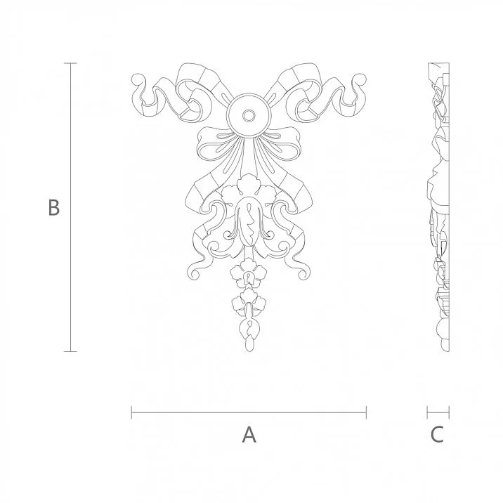 Wooden applique N-198 with wood carving, depicting a sun, ribbons, petals, and grape leaves &mdash; drawing.