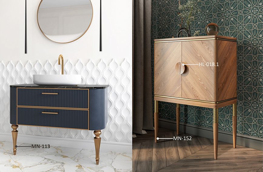 Декорирование тумбы KMD-026 в современном декоре, включая ручки Duet HL-018.1 и ножки MN-113.