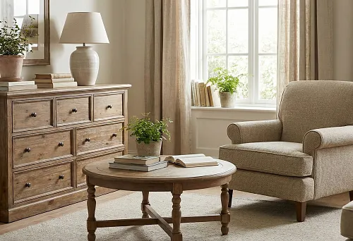 Классическая мебель недорого в светлой гостиной: деревянный комод с ящиками, круглый журнальный стол, мягкое кресло, нейтральный текстиль, естественный дневной свет у окна