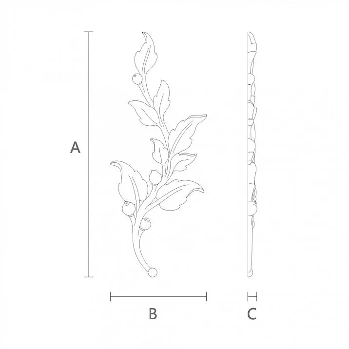 Wooden decoration item &mdash; carved applique with branch and leaves N-472L drawing