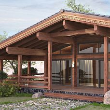 Facade of a wooden house with carved door stops NL-5