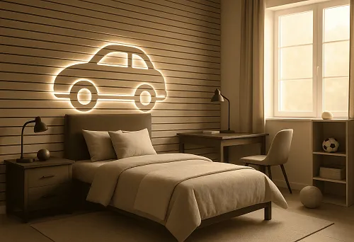 Современная спальня с декоративными рейками МДФ и подсветкой в форме автомобиля