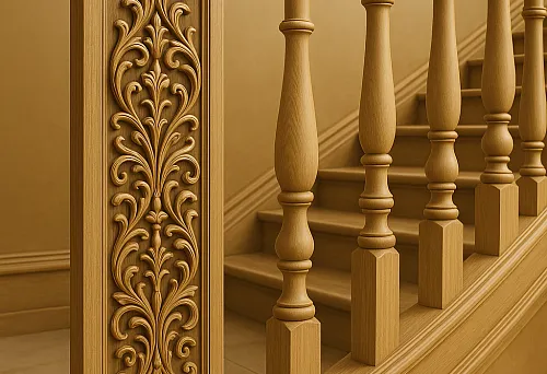 Пример надёжного крепления балясин к ступеням с художественным декором на лестничной конструкции