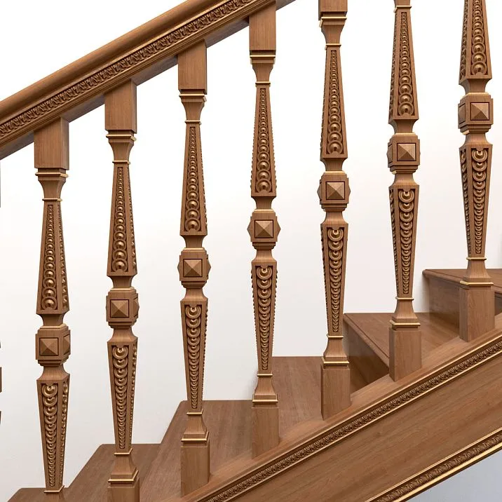 Carved staircase detail L-042 newel post made of solid beech and oak, shown in photo