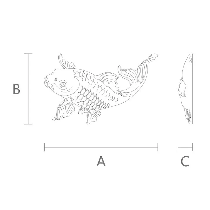 Drawing of the decorative element of stucco decor NPU-483R "Fish" with dimensions.