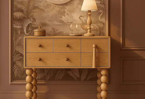 Декоративный деревянный комод с оригинальными ножками в виде шаров, оформленный в классическом стиле