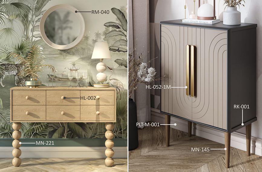 Идеи оформления тумб KMD-033 с мебельными ручками и ножками, деревянной рейкой RK-001.