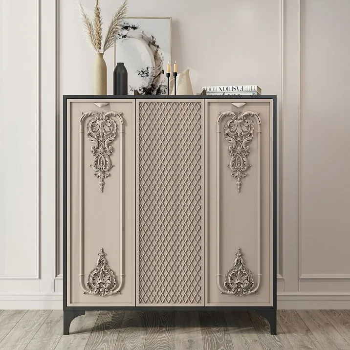 Carved Applique N-383 on cabinet door close-up