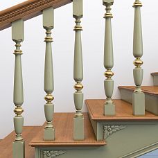 Staircase baluster made of wood L-020 against a wooden staircase background