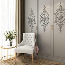 Carved wooden inlay on furniture facade interior photo