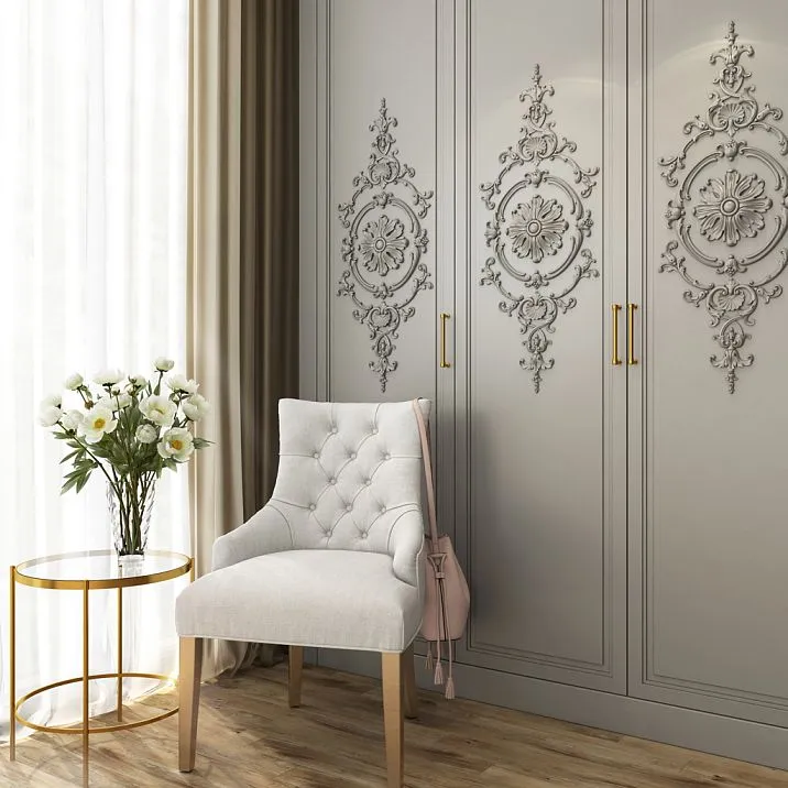 Carved wooden inlay on furniture facade interior photo