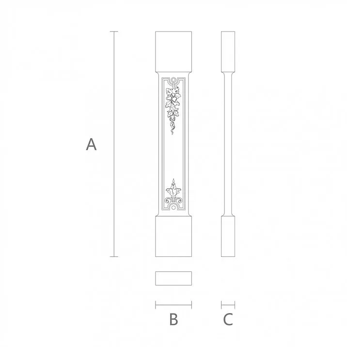 Flat wooden baluster L-113.1 on a staircase in a classic interior, drawing