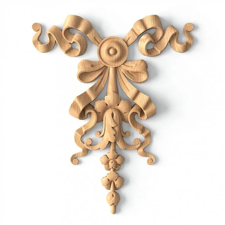 Wooden item N-198 with wood carving composition, featuring a sun, ribbons, petals, and grape leaves.
