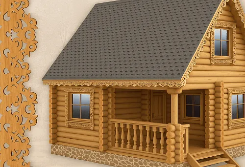 Резные наличники на окна и карниз деревянного дома с красивыми узорами.