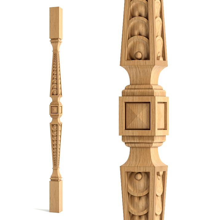 Carved newel post for staircase L-042 made of wood against the wall