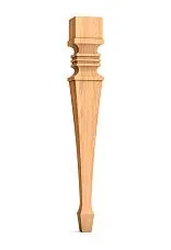 Conical wooden table leg with carved patterns and ornaments