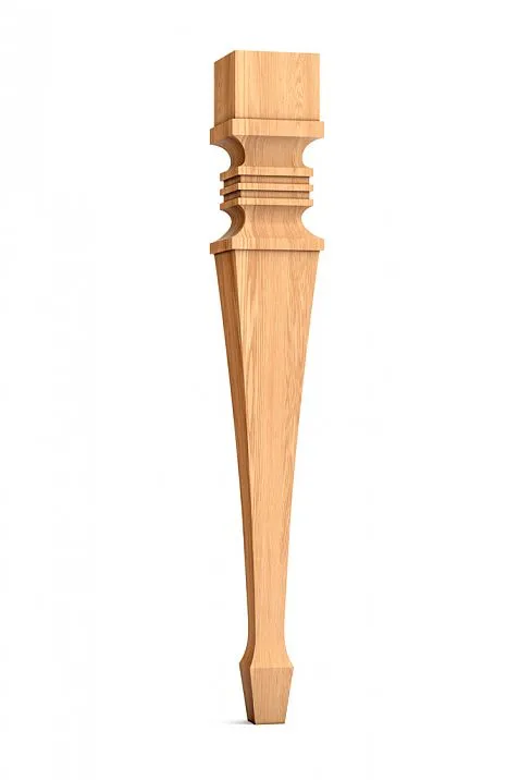 Conical wooden table leg with carved patterns and ornaments