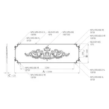 Лепной декор CPU.VRS-055.1: монументальное классическое панно с рамкой и центральным растительным орнаментом, 3D-визуализация на сером фоне