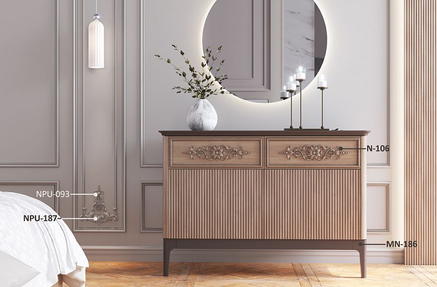 Идеи оформления стены и комода KMD-021 с элегантными резными накладками и геометрическими ножками.