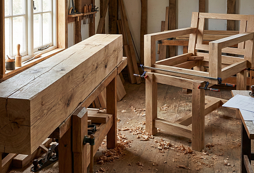 Брус из дуба в мастерской и сборка мебельного каркаса: заготовки для авторского кресла своими руками