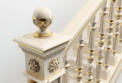 Элегантная деревянная лестница с резными балясинами, декоративными столбами и позолоченными элементами