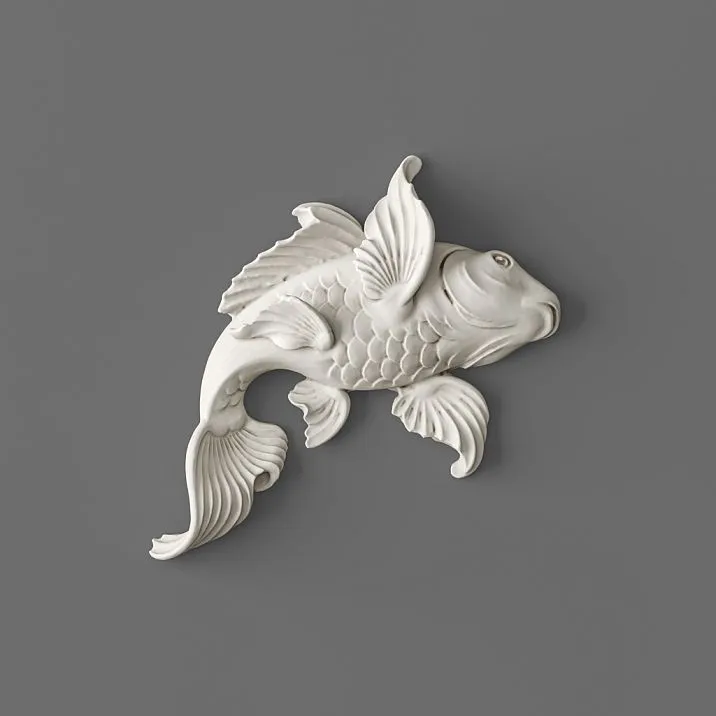 Molding decor NPU-486 Fish made of polyurethane, white color on gray background.