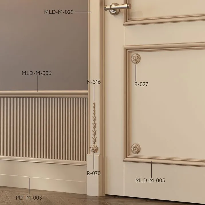 Wooden decor N-316 in interior, application of decorative elements