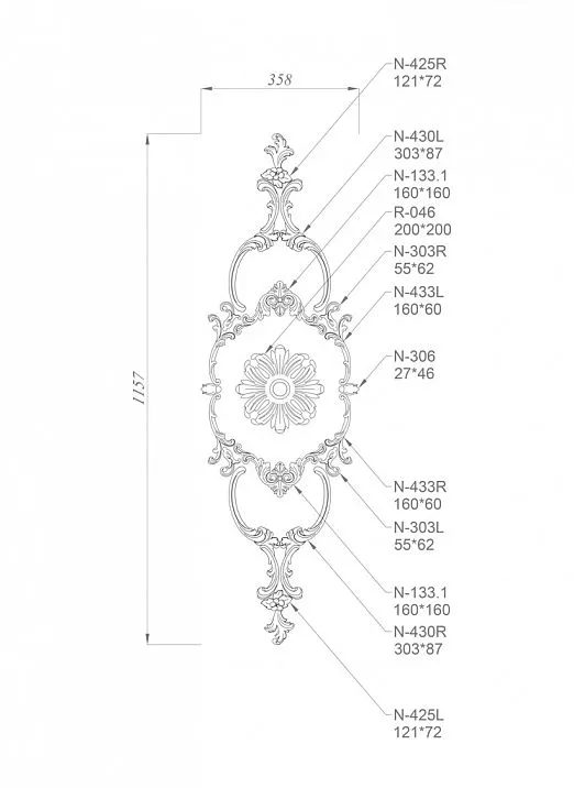 Wooden Decor for Classic Style and Other Styles with Wood and Flowers - Drawing