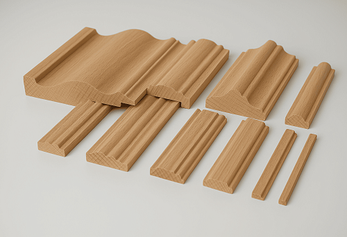 Набор декоративных деревянных планок и профилей из массива на белом фоне