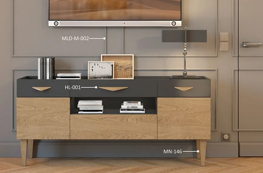 Идея декорирования тумбы KMD-035 в минималистичном стиле с использованием ножек MN-146, мебельных ручек HL-001 и деревянным молдингом MLD-002.