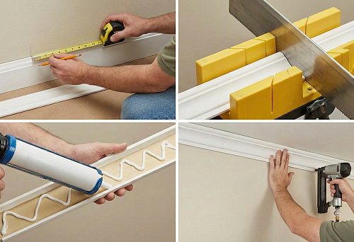 Как клеить лепнину из полиуретана: разметка карниза рулеткой и карандашом