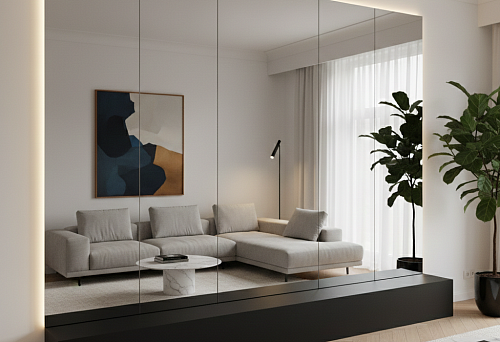 Акцентная стена в гостиной: зеркальные панели во всю стену с подсветкой и высокий темный плинтус-подиум